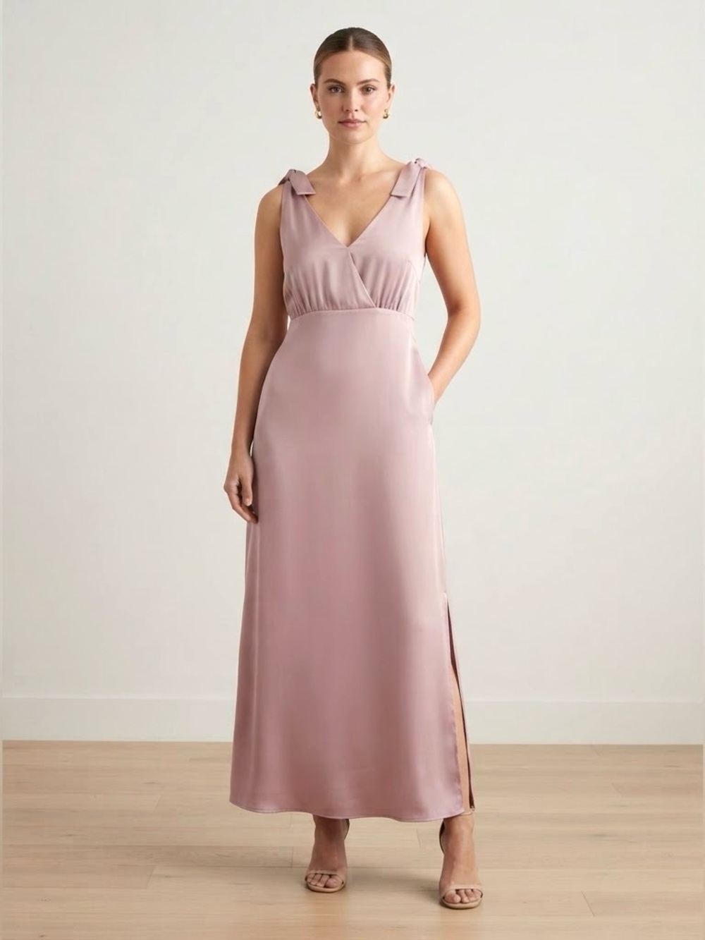 YAS Athena Satin Ankle Length Cocktail or Party Dress in Dusky Pink